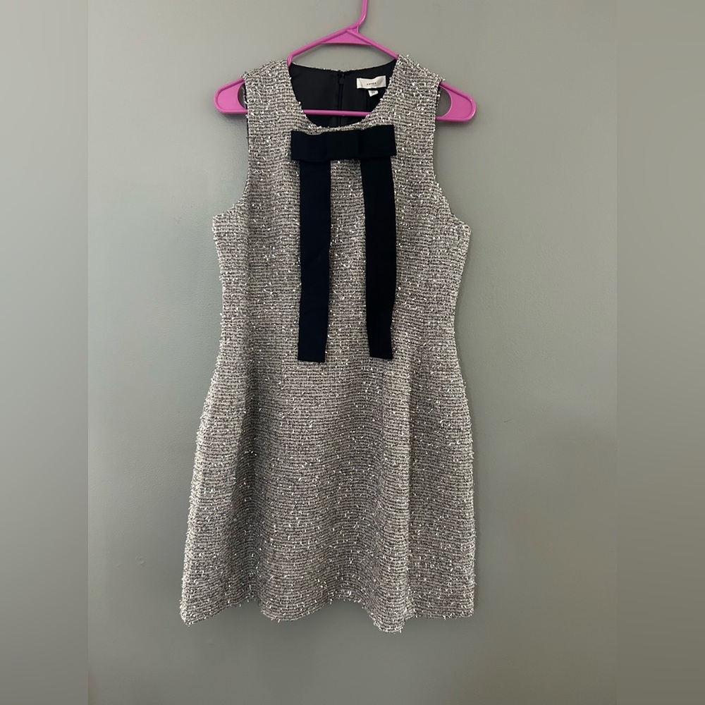 Silver tinsel tweed dress with black bow